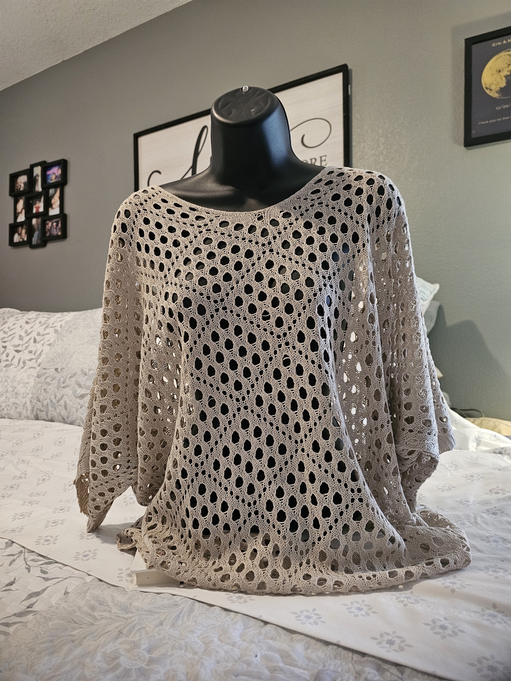 Beige Open-Knit Crochet Sweater Top